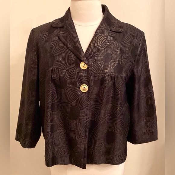 Ingenuity Black Gold Metallic Thread Circle Print Empire Lined Blazer Jacket 12 - Picture 1 of 11